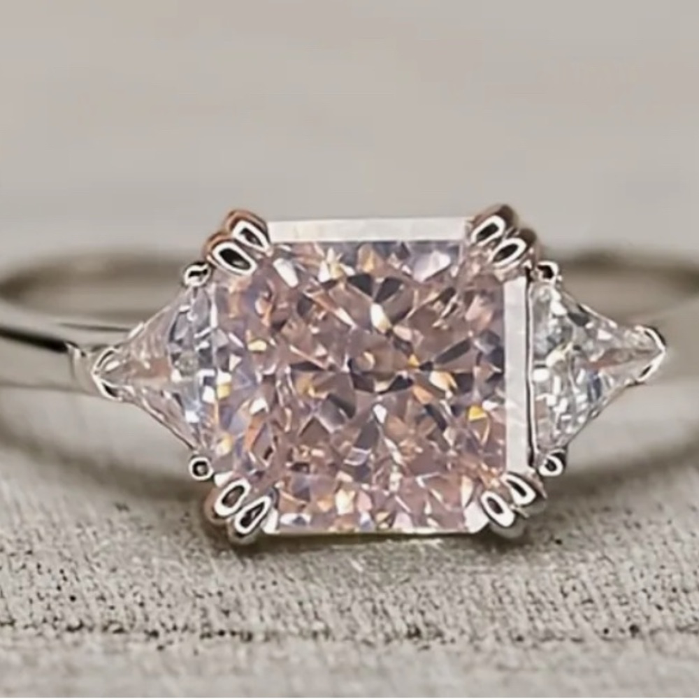 Pink and Silver Cushion Cut Ring with Triangular Accents
